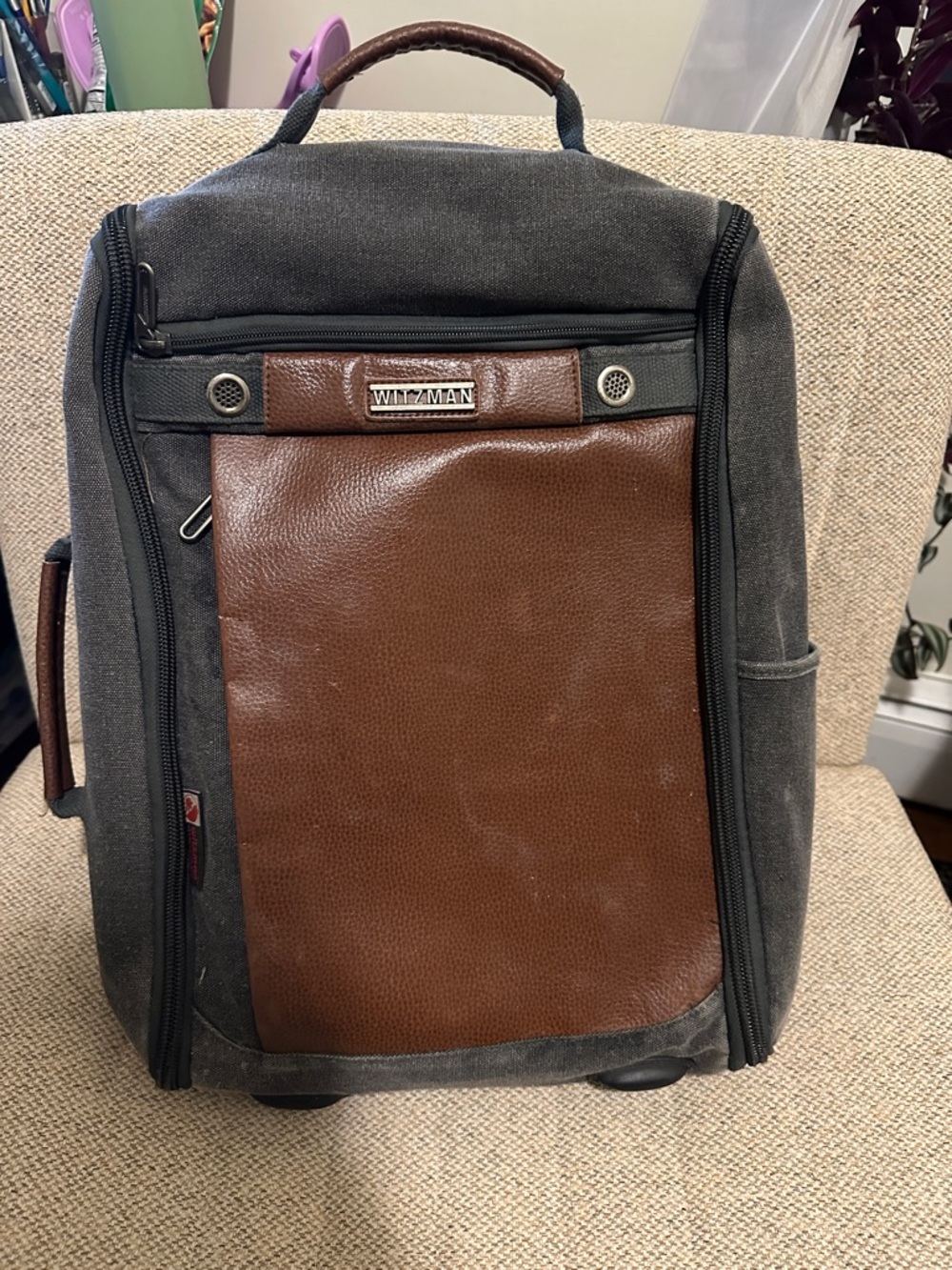 Witzman Men's Carry-On Travel 2-in-1 Backpack Duffel, Grey Canvas Brown Leather